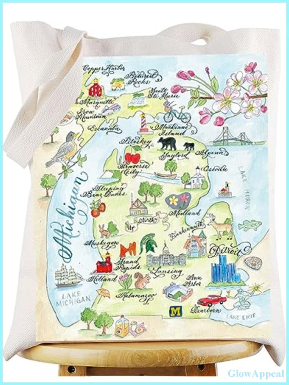 Canvas Tote Bag with Michigan State Map Print - Waterproof Durable Shoulder Bag